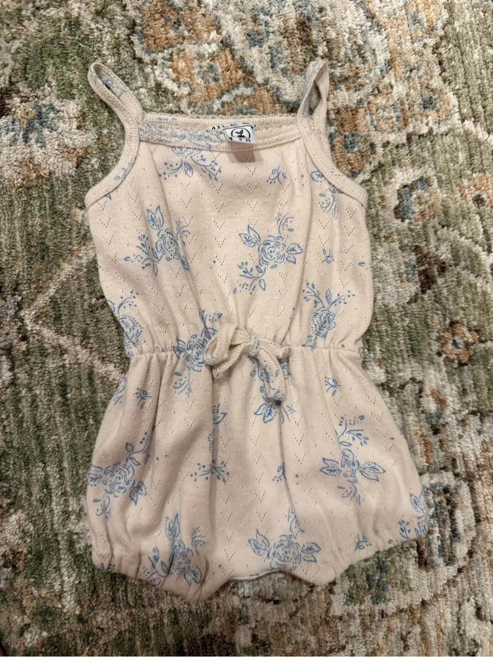 Emile et Ida Cream Romper with Light Blue Floral Print and Tie Waist 3M